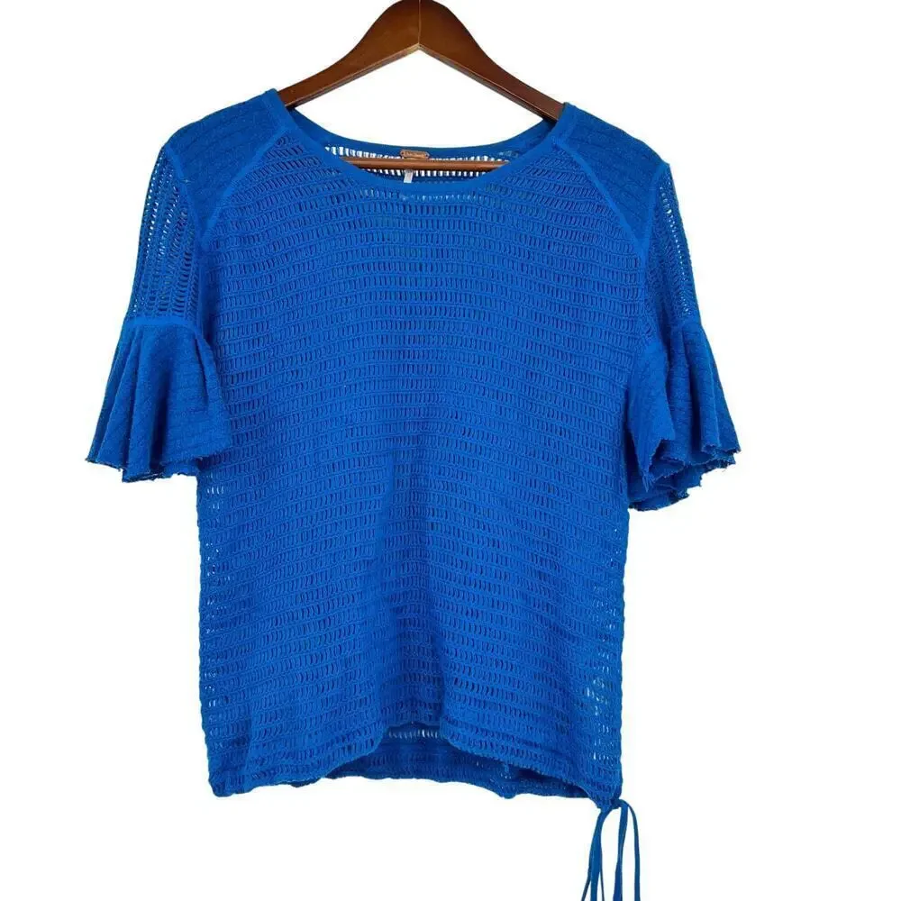 Free People F Babes Only Lasting Laguna Blue Flutter Sleeve Open Knit Top large